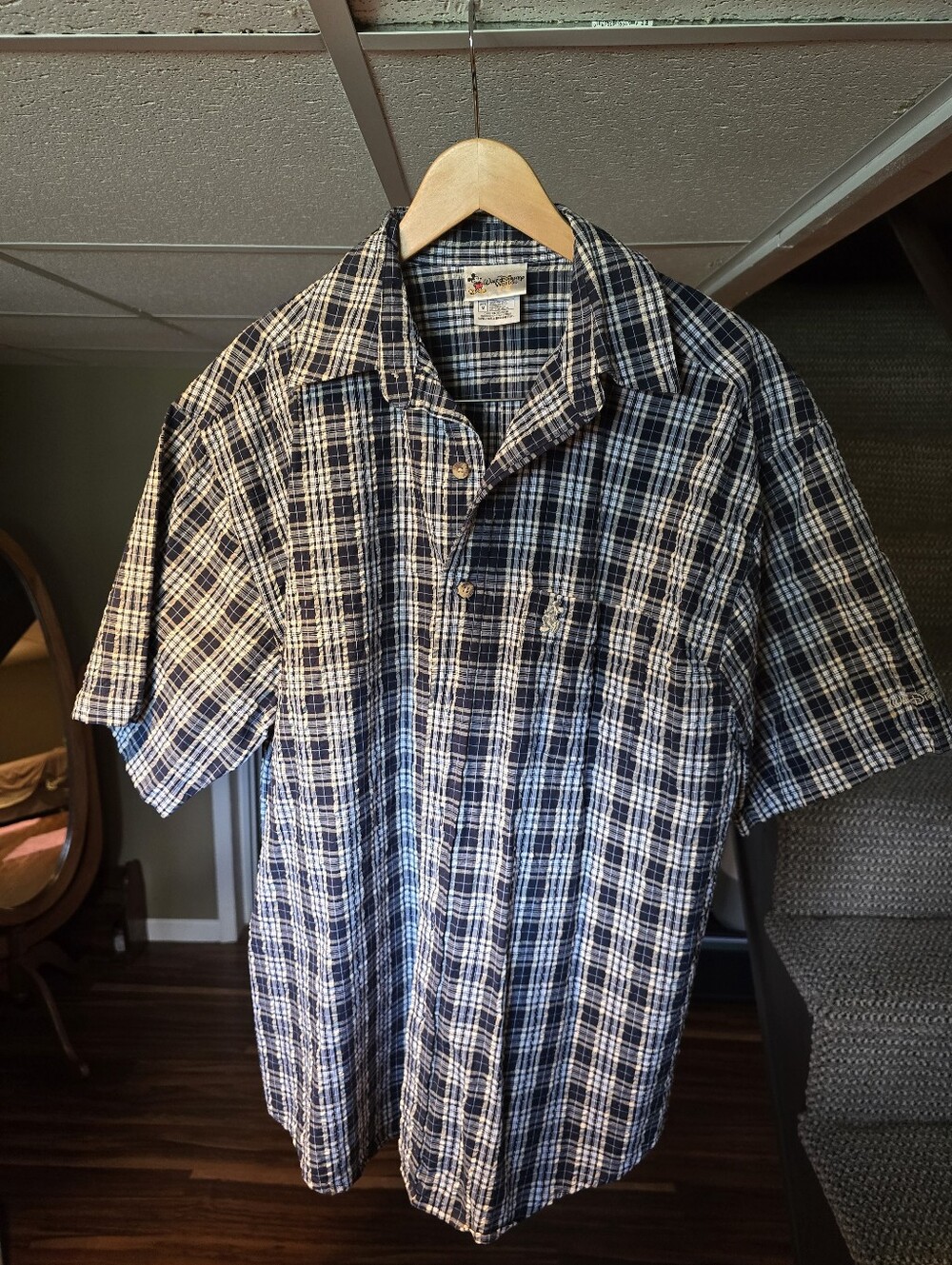 Vintage Walt Disney World Mickey Mouse Embroidered Plaid Button Up Shirt Men's M